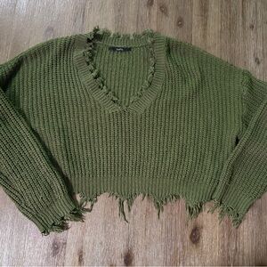 Zaful Army Green Distressed V-Neck Sweater